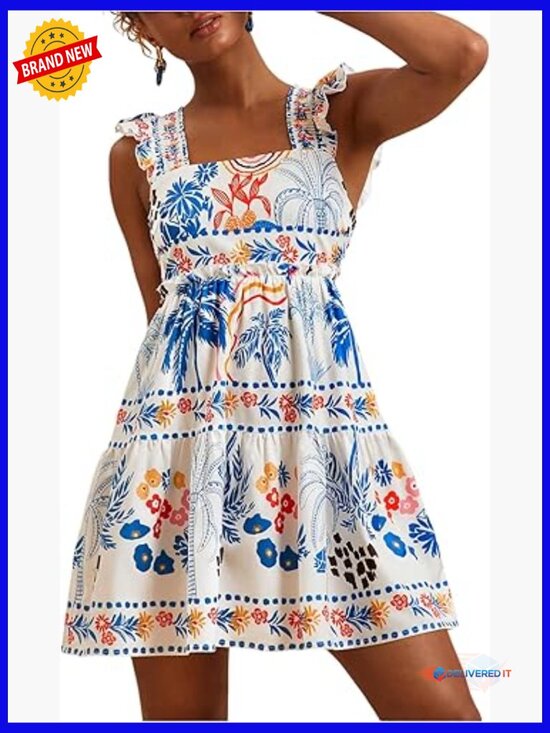 Dresses & Skirts - Floral Tropical Graphic Short Dress Ruffle Hem Sleeveless Tank
